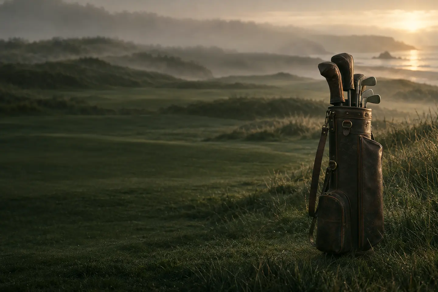 A leather golf bag with clubs standing on a misty links fairway at dawn, on the right of the frame.