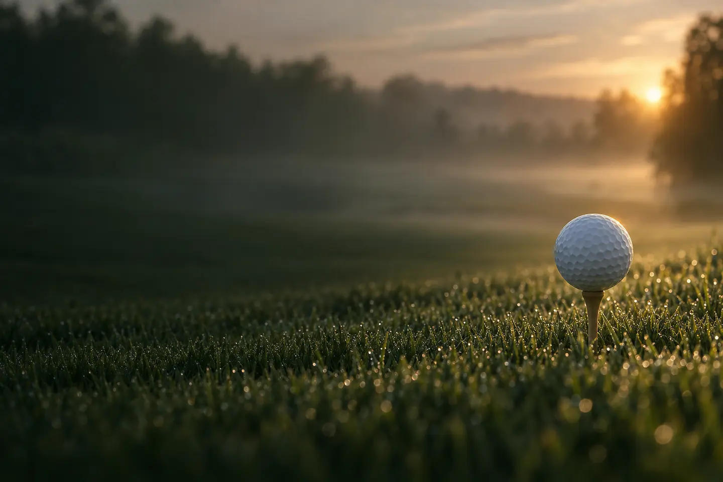 A white golf ball on a wooden tee in dewy grass at dawn, on the right of a dark, misty fairway.