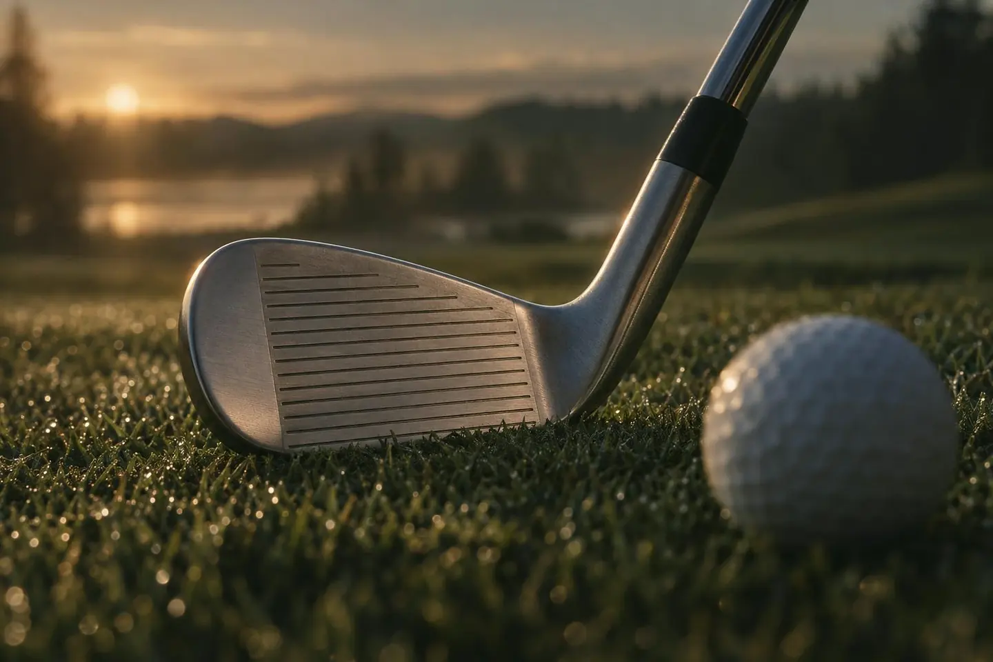 A plain steel iron club head resting on dewy turf beside a golf ball, with morning light and misty trees behind.
