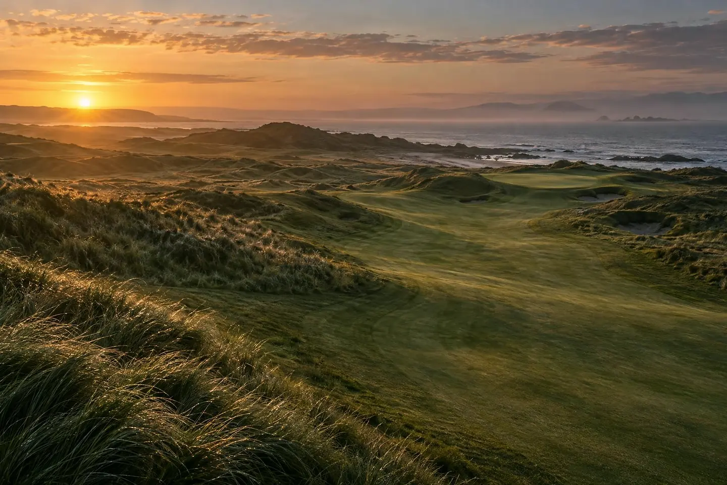 Wind-combed fescue dunes and a mown fairway at a links course as the sun rises over a hazy sea.
